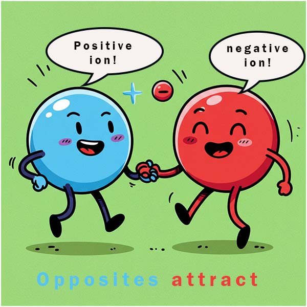 Images shows two oppositely charged ions being attracted to each other.